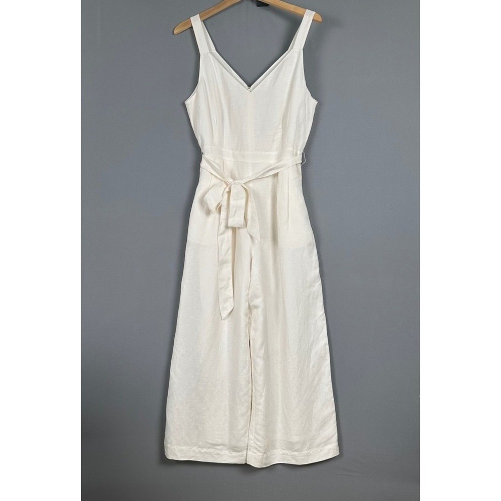 LOFT Womens 8 White Linen Blend Wide Leg Cropped Jumpsuit Romper Tie Waist - Picture 2 of 13